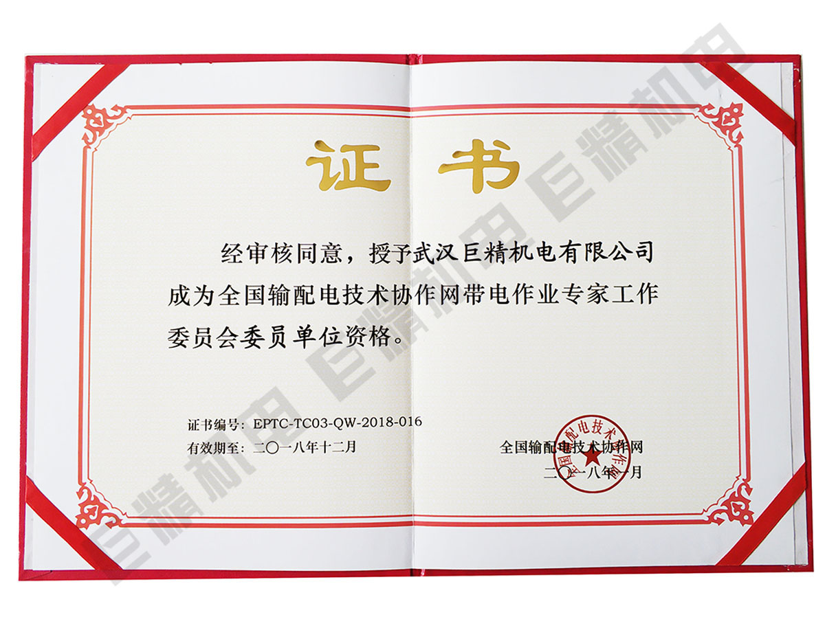 2018全國輸配電技術(shù)協(xié)作網(wǎng)帶電作業(yè)專家工作委員會(huì)委員單位資格證書